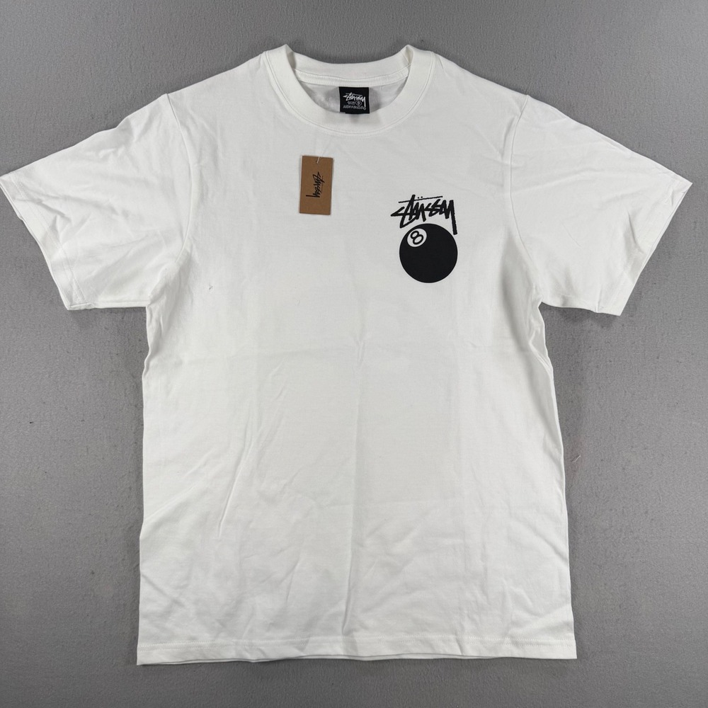 Stussy 8 Ball Pigment Dyed Tee Mens Small White Short Sleeve Graphic T-Shirt NEW